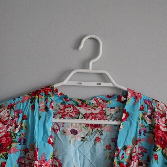 Floral Women's Sz L/XL Open Front Mid Sleeve Cover Up Wrap Kimono Robe - Picture 4 of 10